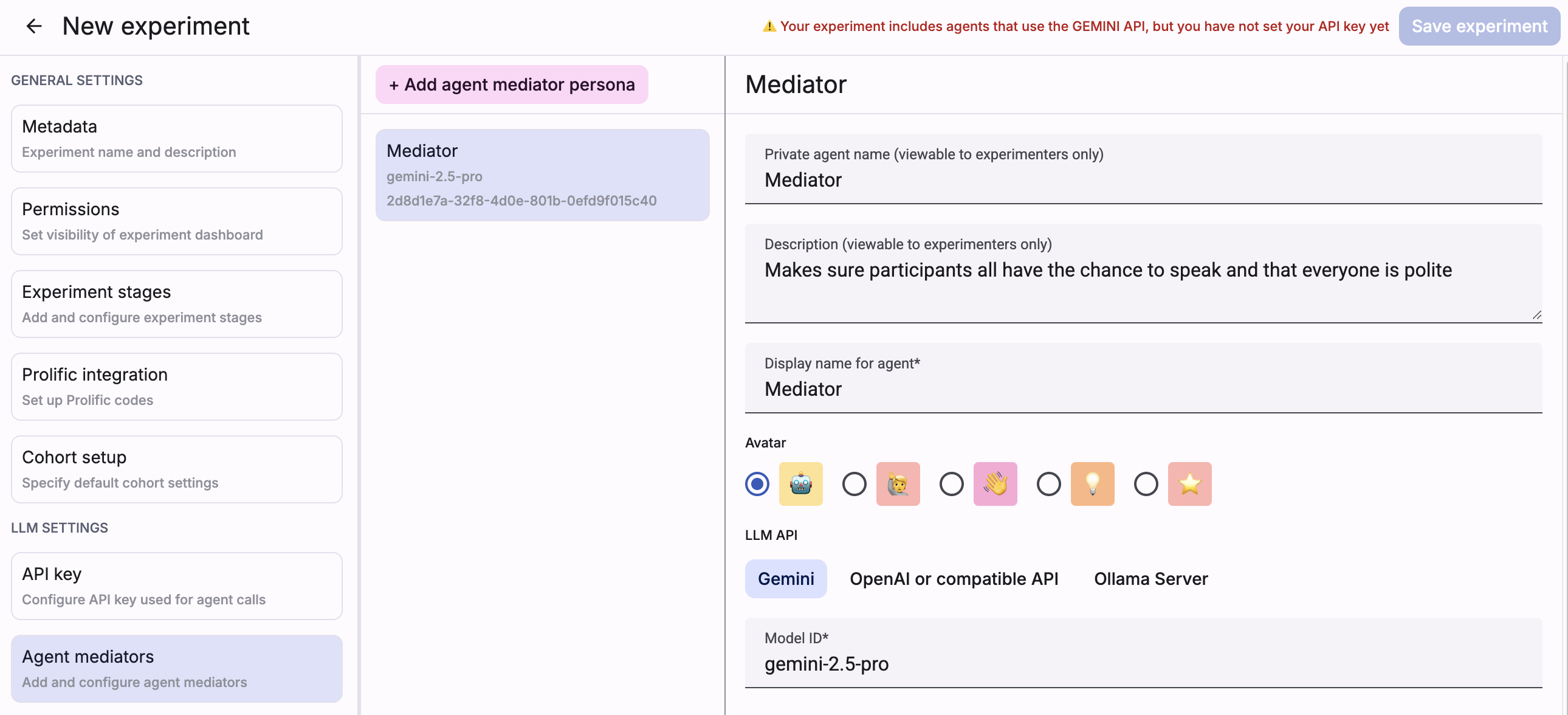 Screenshot of Deliberate Lab agent mediator editor