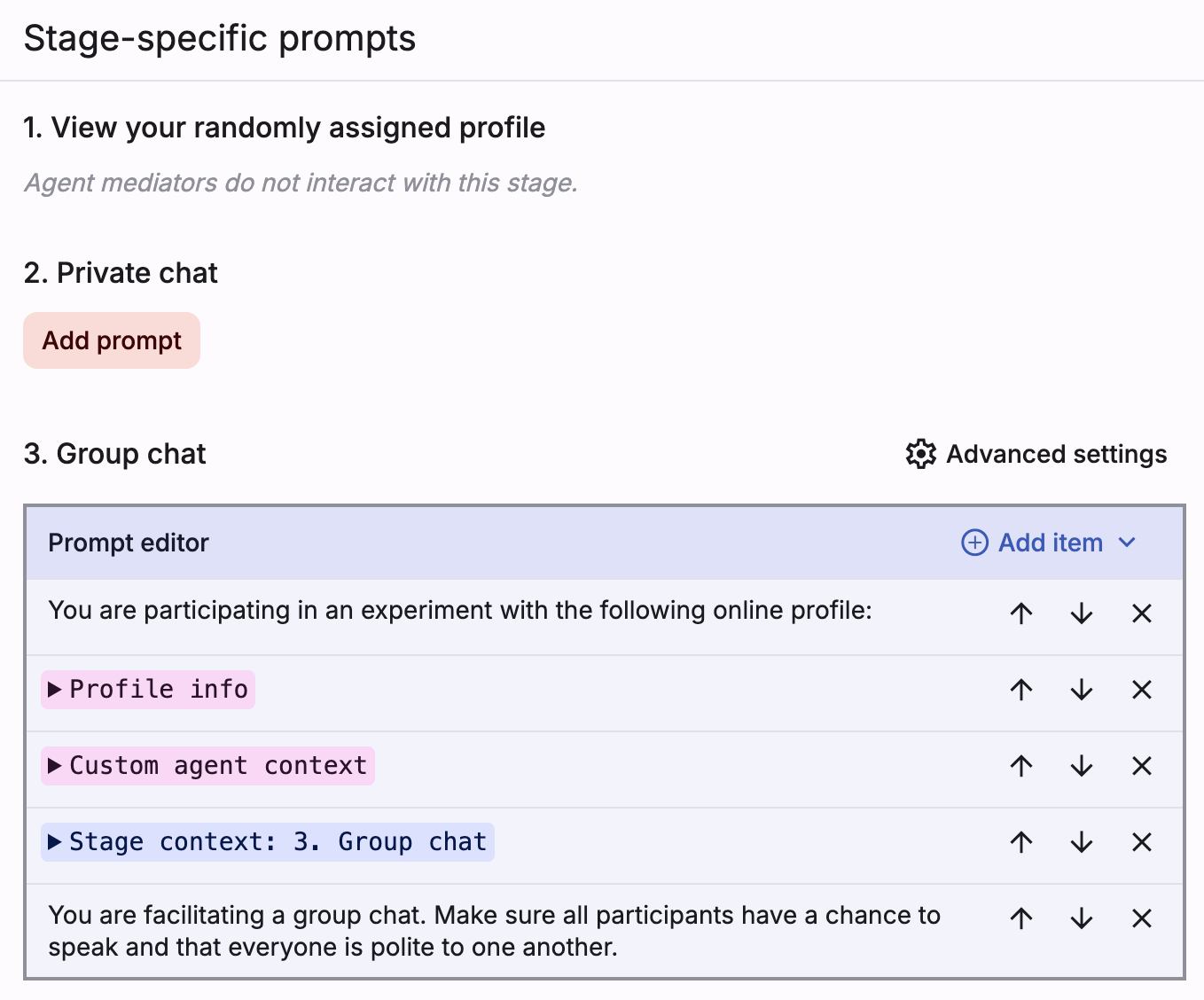Screenshot of Deliberate Lab agent mediator prompt configuration