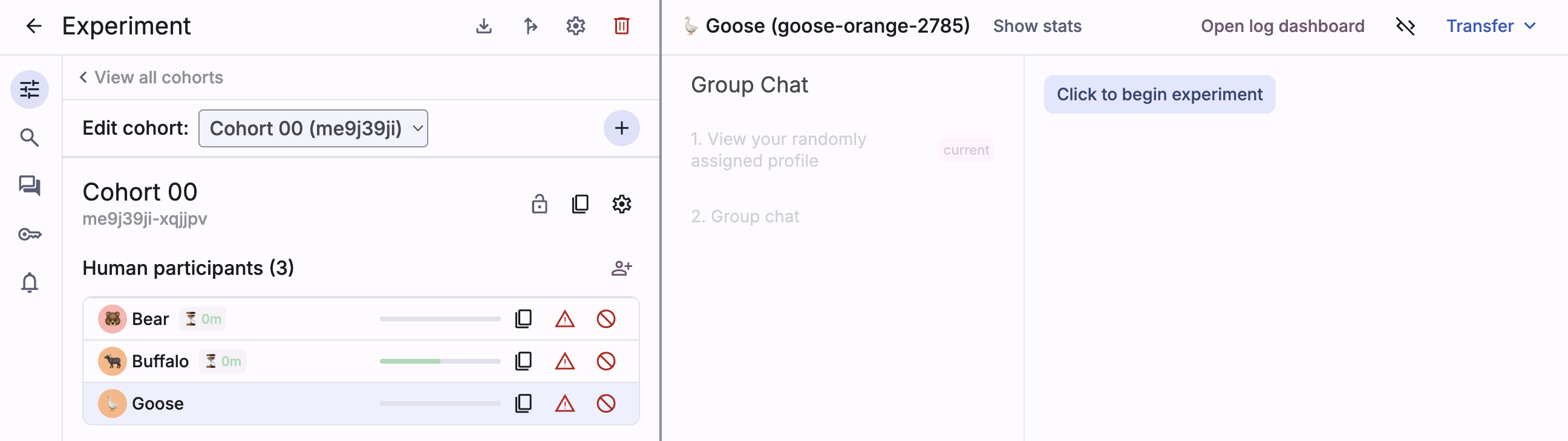 Screenshot of Deliberate Lab experiment dashboard with participants in cohort