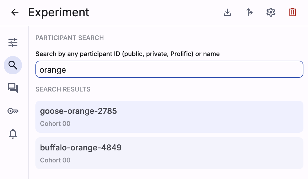 Screenshot of Deliberate Lab search tab in experiment dashboard