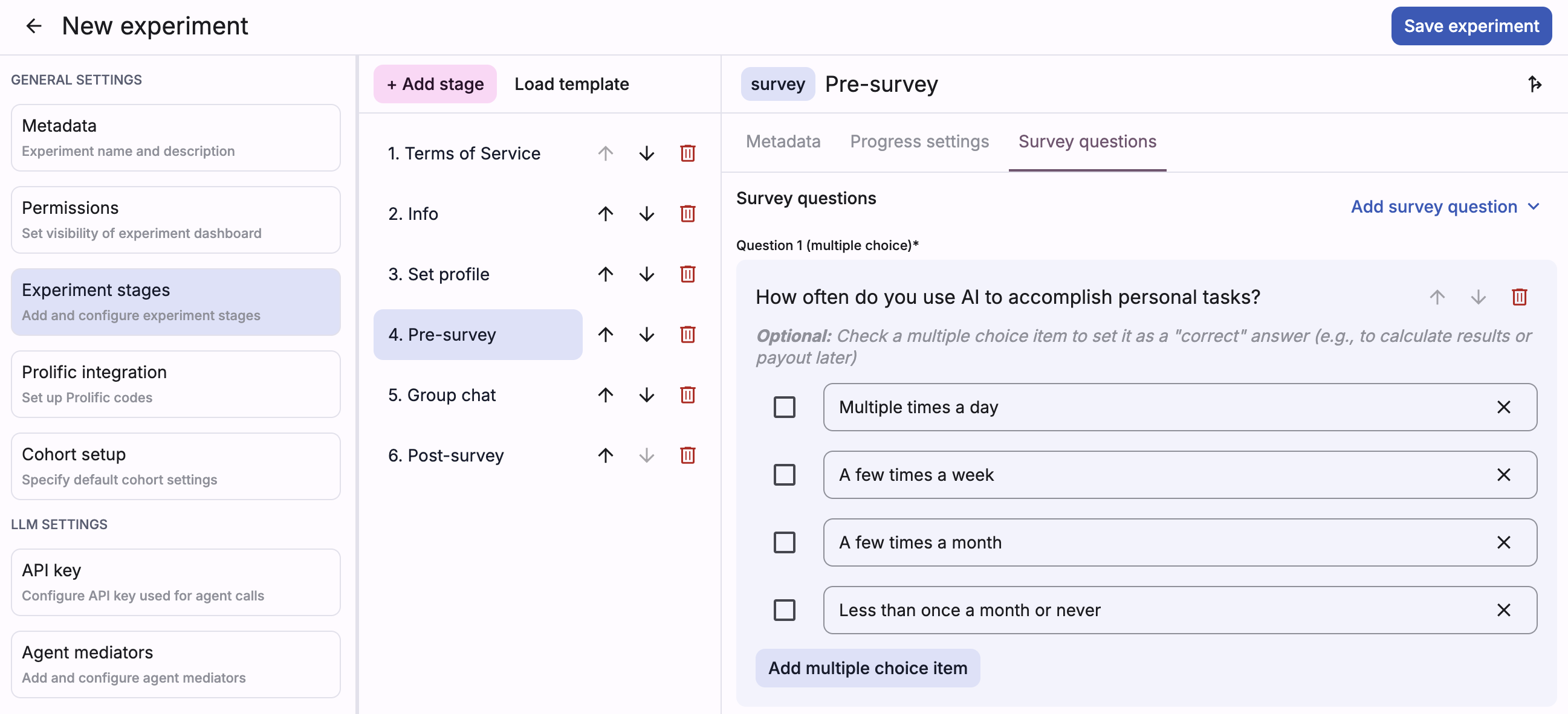 Screenshot of Deliberate Lab experiment editor with stages