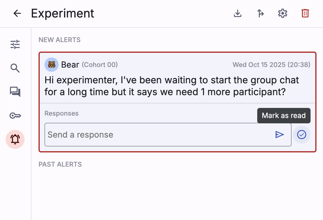 Screenshot of experimenter view of alerts in dashboard