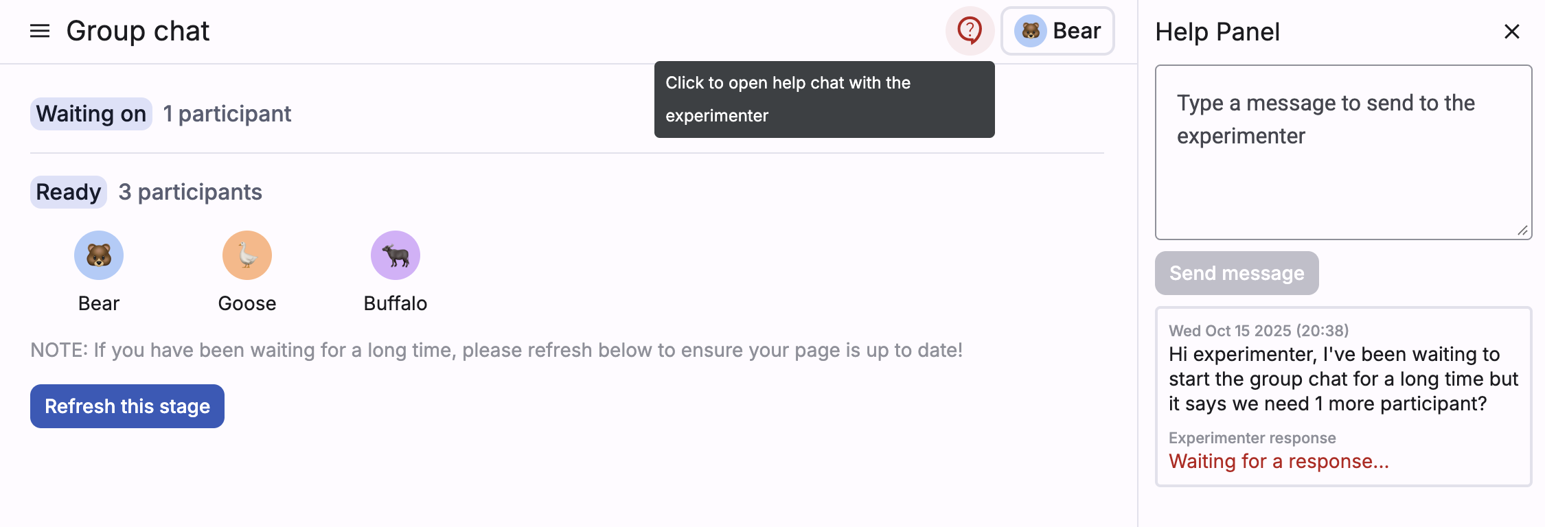 Screenshot of participant view of help panel containing alert message
