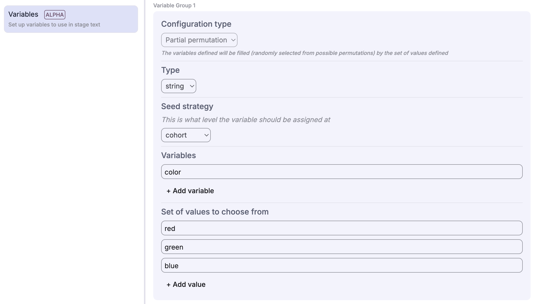 Screenshot of defining a new variable config that uses random permutation