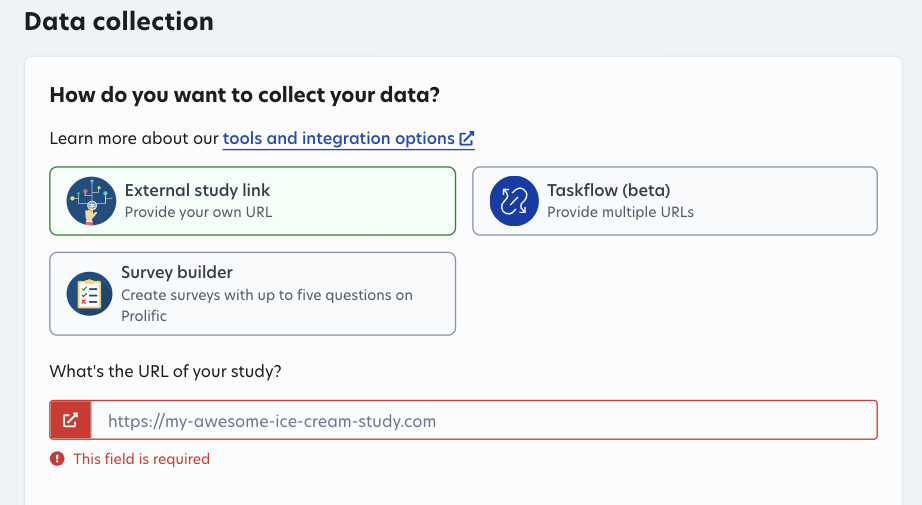 Screenshot of Prolific platform showing place to paste experiment URL