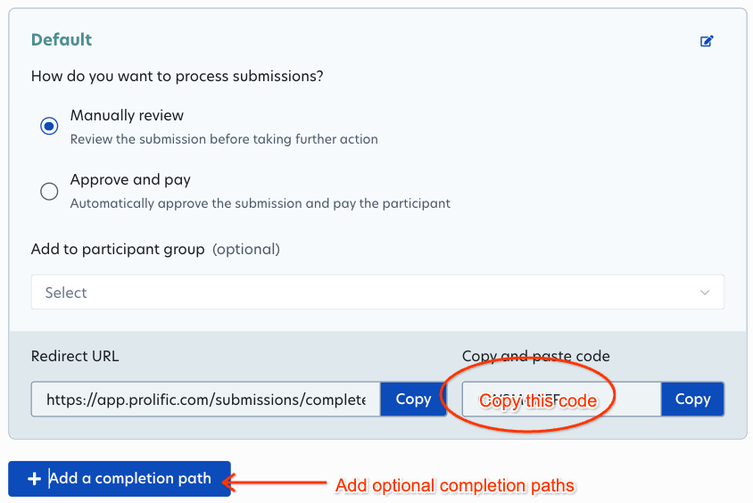 Screenshot of Prolific platform showing places to copy redirect codes